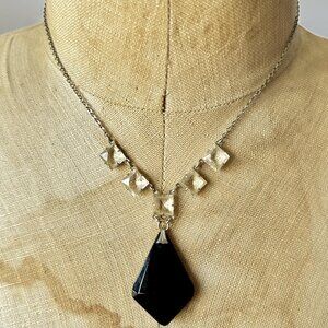Art Deco Necklace, Sterling Silver, Black, Clear, Faceted, 20s, 30s, Vintage